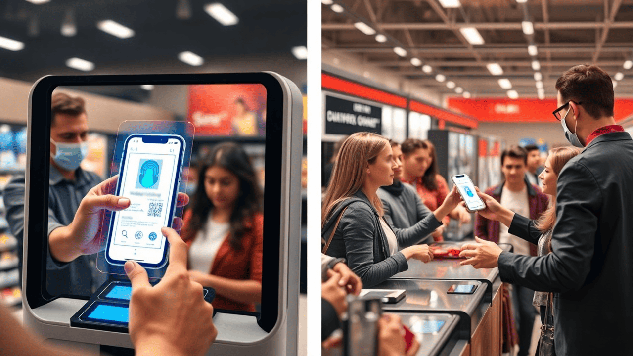 A worried retail owner watches security footage of a masked thief bypassing ID checks, with red alerts warning of fraud and fake IDs.