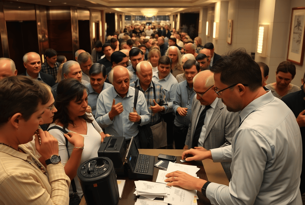 Frustrated guests queue in a busy hotel lobby while a staffer struggles with outdated ID tools at check-in.